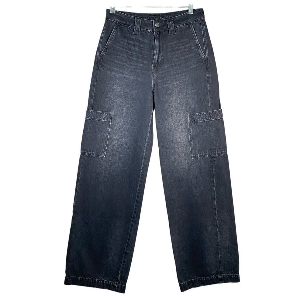 American Eagle Super High Rise Baggy Wide Leg Jeans 2 LONG Washed Black Cargo